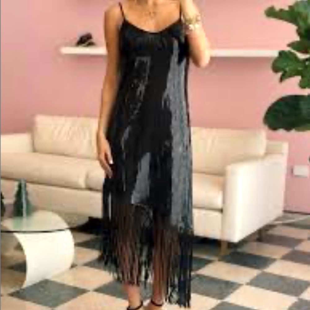 Mustard Seed Black Sequin Fringe Slip Dress